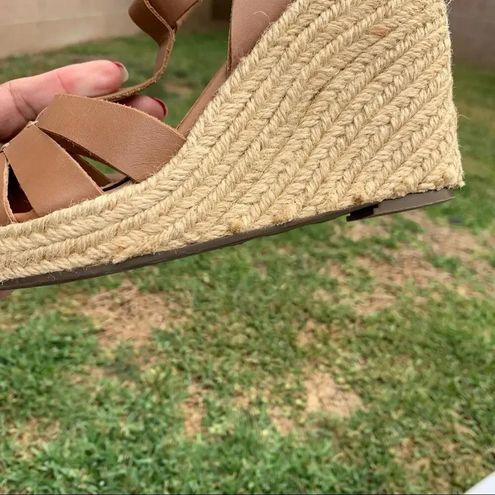Madison Harding Espadrille Brown Leather Wedges Size 6